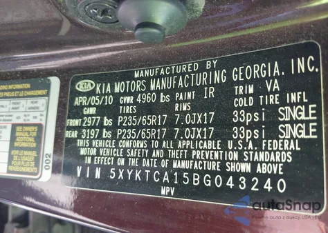 2011 Kia Sorento Lx из США, поврежденный, VIN 5XYKTCA15BG043240